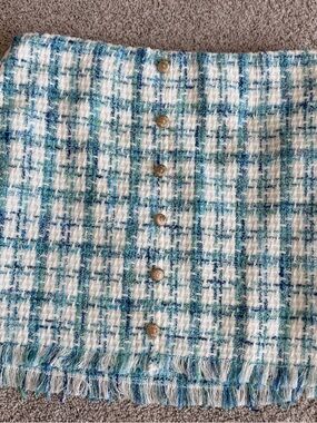 Sans Souci White and Teal Tweed Mini Skirt